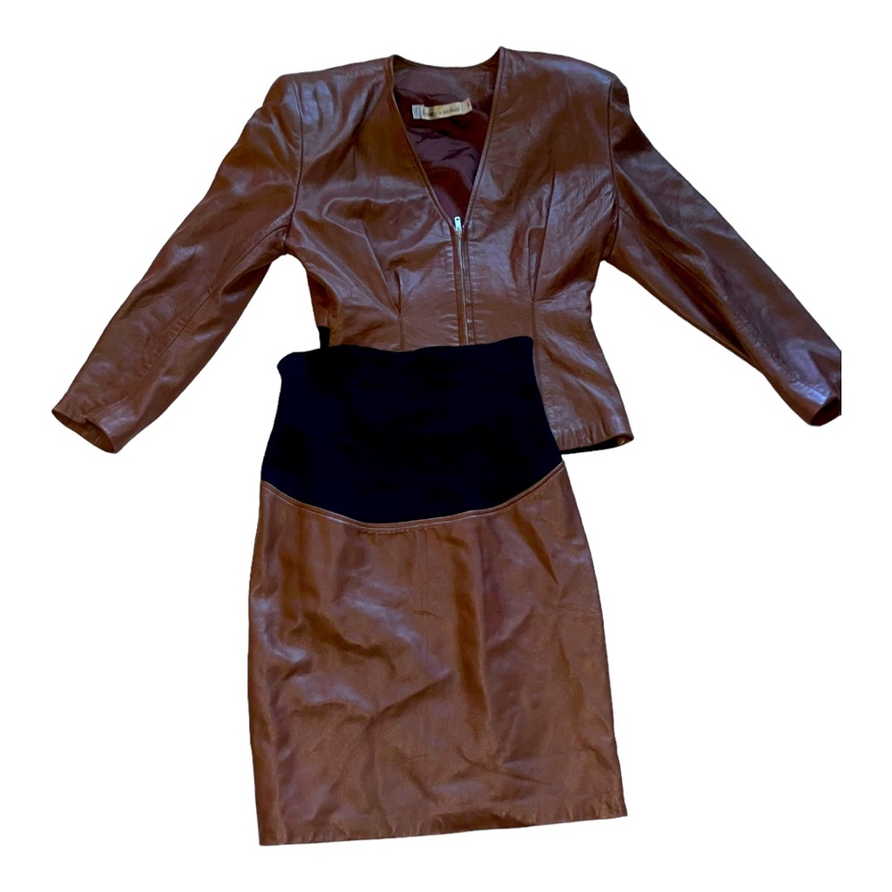 Brown Leather Skirt Set with Black Waist Panel - Picture 12 of 12